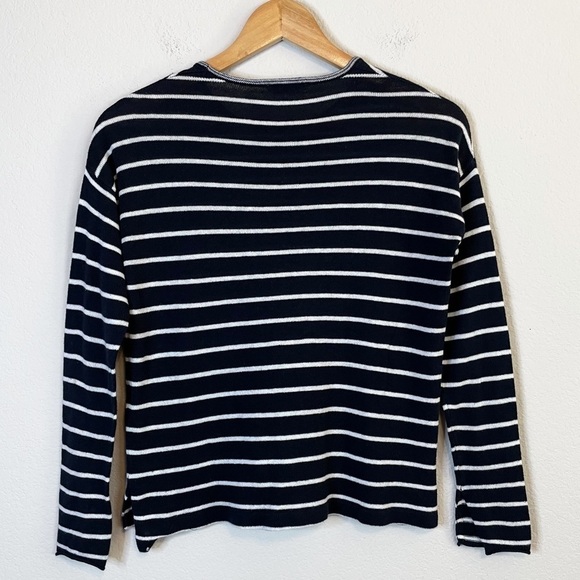 Pull & Bear Blue White Stripe Side Slits Long Sleeve Lightweight Sweater - Picture 3 of 8
